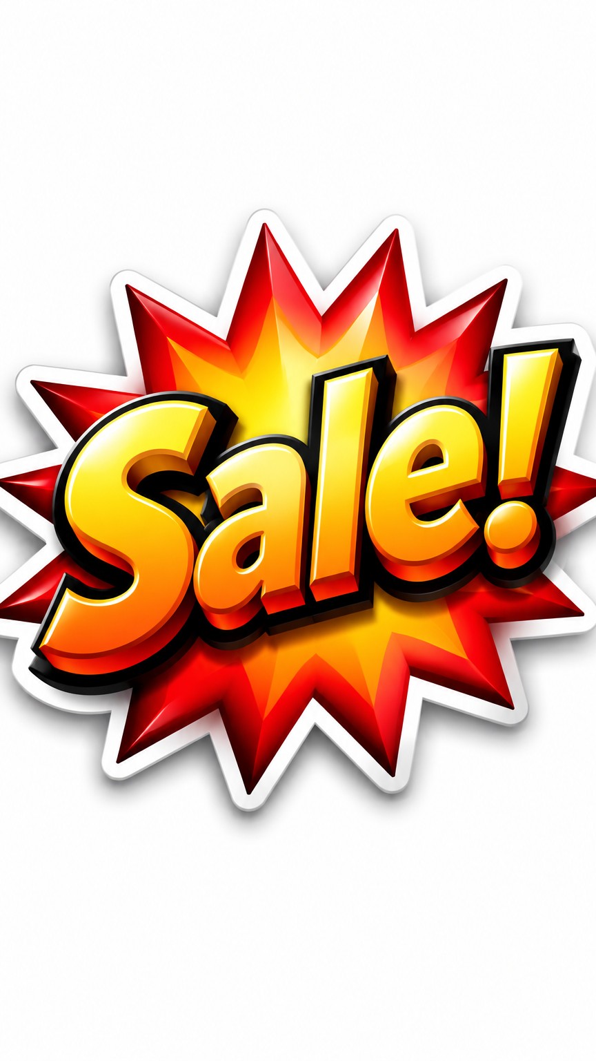 the sticker should read "Sale!" with a burst behind it, the colors should be bold, with a gradient between colors. The letters should look 3d, the burst should have a shadow underneath to look 3d