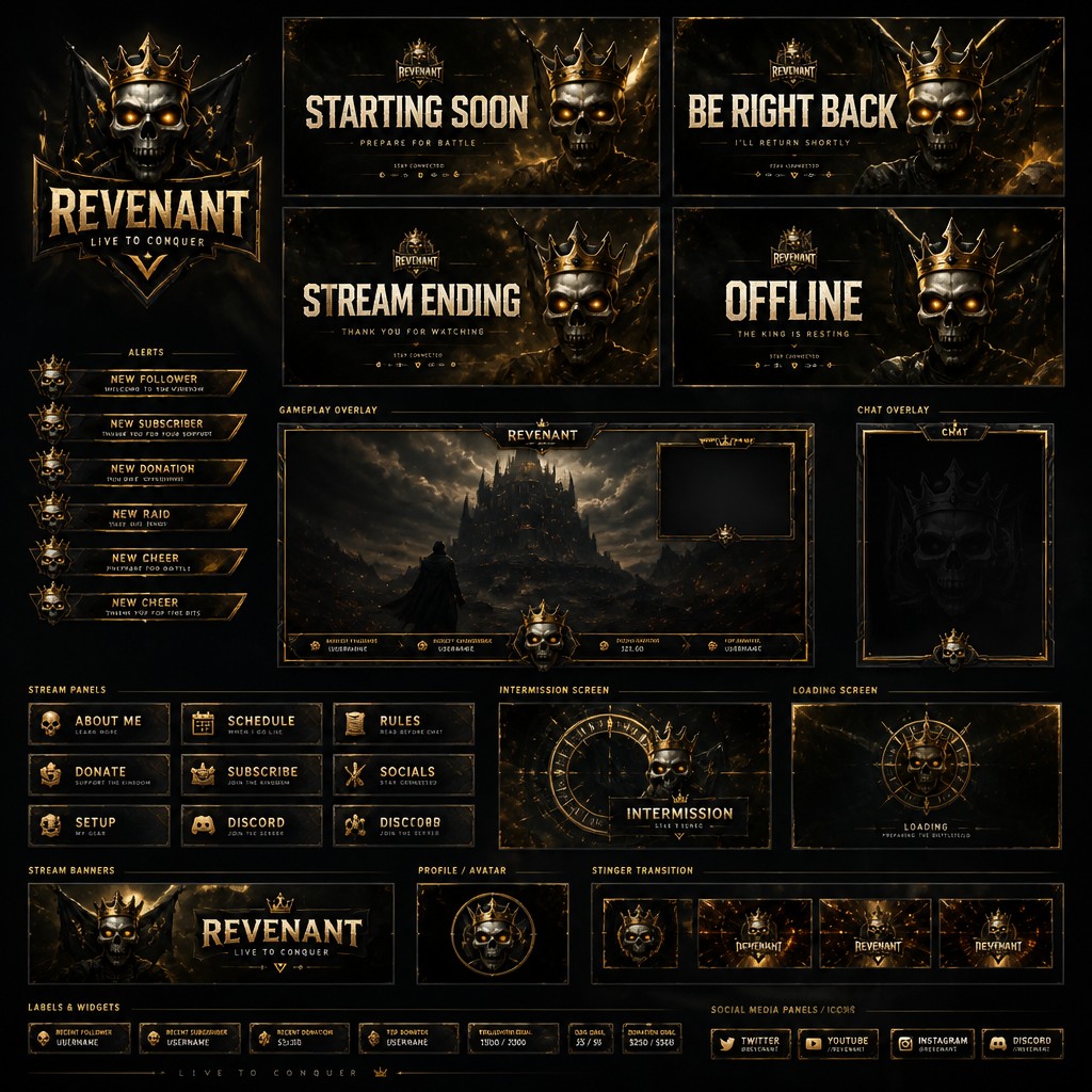 I want a **complete full streamer package**, including everything needed for a professional stream setup.
Use the reference image I provided as the main inspiration for the overall style, atmosphere, color palette, textures, and branding. I want the same dark, cinematic, mysterious, and premium feeling, with the skull logo and black-and-gold aesthetic.
However, **do not copy the design exactly**. Create a new and original design with different layouts, details, compositions, textures, and visual elements while keeping the same overall identity and vibe.
The package should include:
* Starting Soon screen
* Be Right Back (BRB) screen
* Stream Ending screen
* Offline screen
* Main gameplay overlay
* Webcam frame
* Alerts for followers, subscribers, donations, raids, etc.
* Chat overlay
* Stream panels
* Stream banners
* Profile/banner graphics
* Social media panels
* Intermission screen
* Loading/waiting screen
* Stinger transition
* Stream labels and widgets
* Any other graphics normally included in a **complete professional streamer package**
Everything should have a consistent visual identity and look like one professionally designed brand.
Make it **high-quality, clean, modern, dark, cinematic, powerful, and premium**, with creative lighting, subtle textures, and strong attention to detail. Keep the skull as an important part of the identity, but redesign the overall visuals so the final package feels original and unique.
