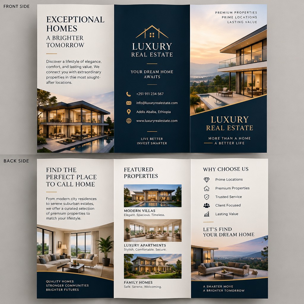 Luxury real estate listing brochure with refined aesthetics, elegant property photography panels and restrained serif typographyበፊት እና ጀርባ ያለው ባለ ሶስት ታጣፊ 3 -ፎልድ ላንድ ስኬብ ብሮሸር የዕርሱ መጠን 20 የዋና ጽሁፍ 18 መጠን ያለው ብሮሸር በሳቢ ዲዛይን አዘጋጅተህ ስጠኝ፡፡፡ ብሮሸሩን ስታዘጋጅ የሰጠውህን መረጃ አትቀንስ አትጨምር የሠጠውህን መረጃ በትክክል ተጠቅመህ አዘጋጅተህ ስጠኝ